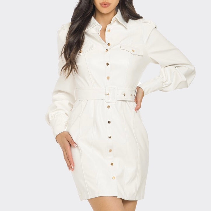 Off White Leather Mini Dress Front Close Up